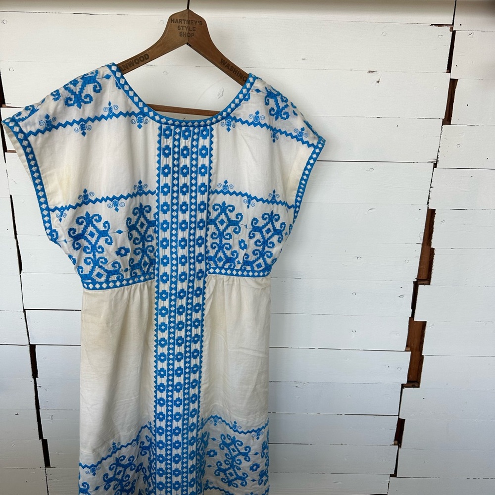 Anthropologie Blue and White Embroidered Dress